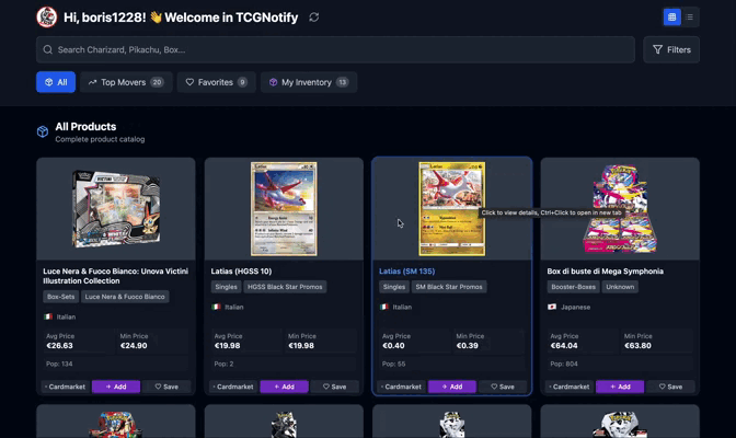 Dashboard TCGNotify Analisi Dati